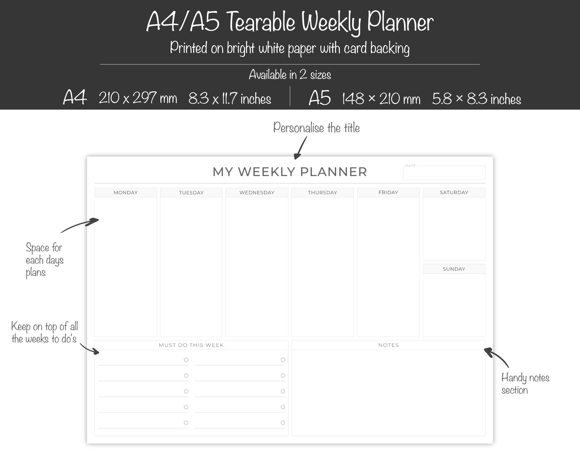 Personalised Weekly Planner Notepad Desk Pad Agenda A4 or A5 | Etsy