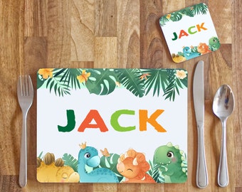 Personalised Placemat and Coaster Dinosaur Set, Childrens Meal Placemat and Coaster Set, Kids gifts for Birthday / Christmas