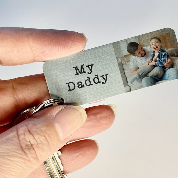 Personalised Metal Photo Keyring, Father's Day Gift, Rectangle KeyChain, Gift For Dad, Daddy or Grandad