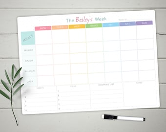 A3 Personalised dry wipe whiteboard weekly family organiser/planner. With meal planner included.