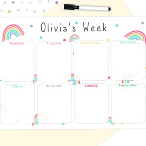 Personalised Children's Weekly Rainbow Whiteboard Planner, Multi Coloured Calendar, Kid's Reusable Dry Wipe Planner, To Do List