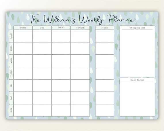 Personalised Family Planner Whiteboard, A3 Weekly Family Dry Wipe Wall  Organiser, Meal Planner, Dry Erase White Board Command Centre 