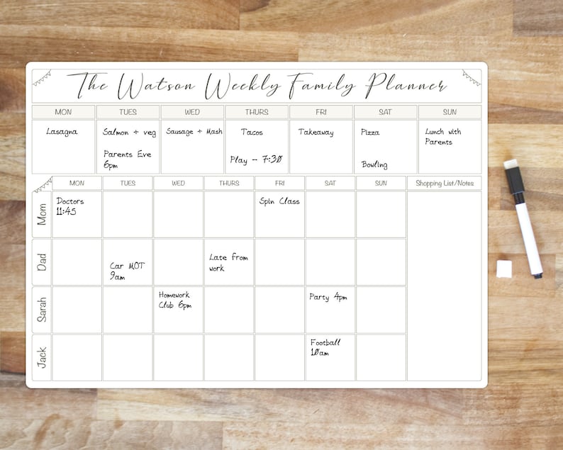 Weekly Family Planner Whiteboard Large A3 Write and Wipe | Etsy