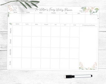 Personalised Weekly Family Planner Whiteboard - Large Write and Wipe Clean A3 Organiser - Weekly Meal, Family Shopping Planner