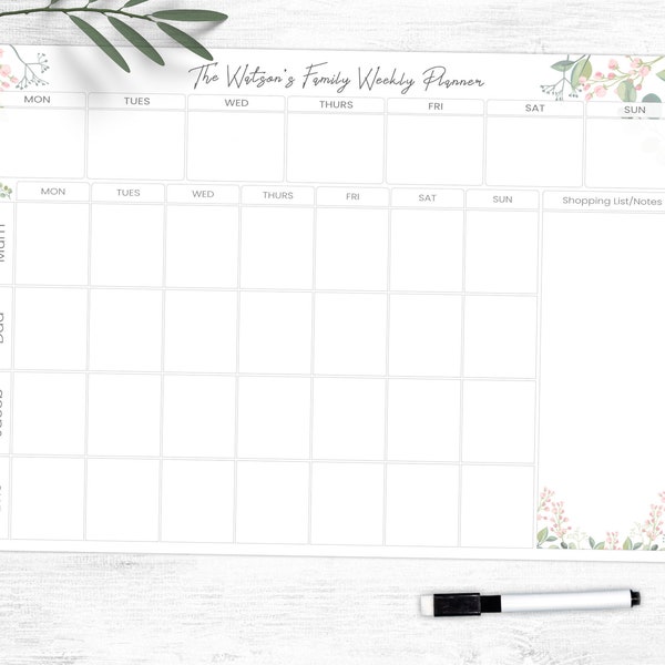 Personalisiertes Familienplaner Whiteboard - Großer A3-Organizer - Wochenplaner, Familieneinkaufskalender
