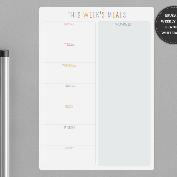 Meal Planner Dry Erase Whiteboard, Personalised Weekly Meal Planner and Shopping List Dry Wipe Board