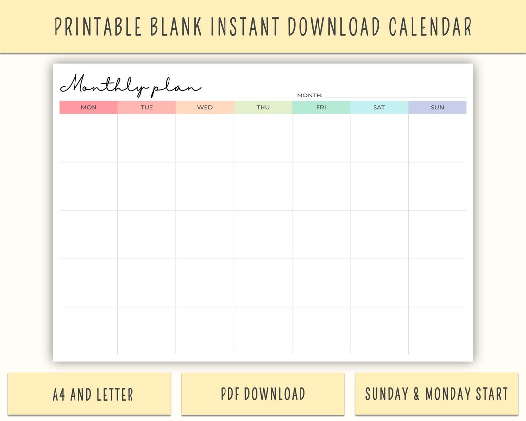 Printable Blank Monthly Calendar: Instant PDF Download, Customizable