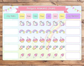 Personalised Dry Wipe children's unicorn Reward Chart. Aluminium whiteboard or laminated version.