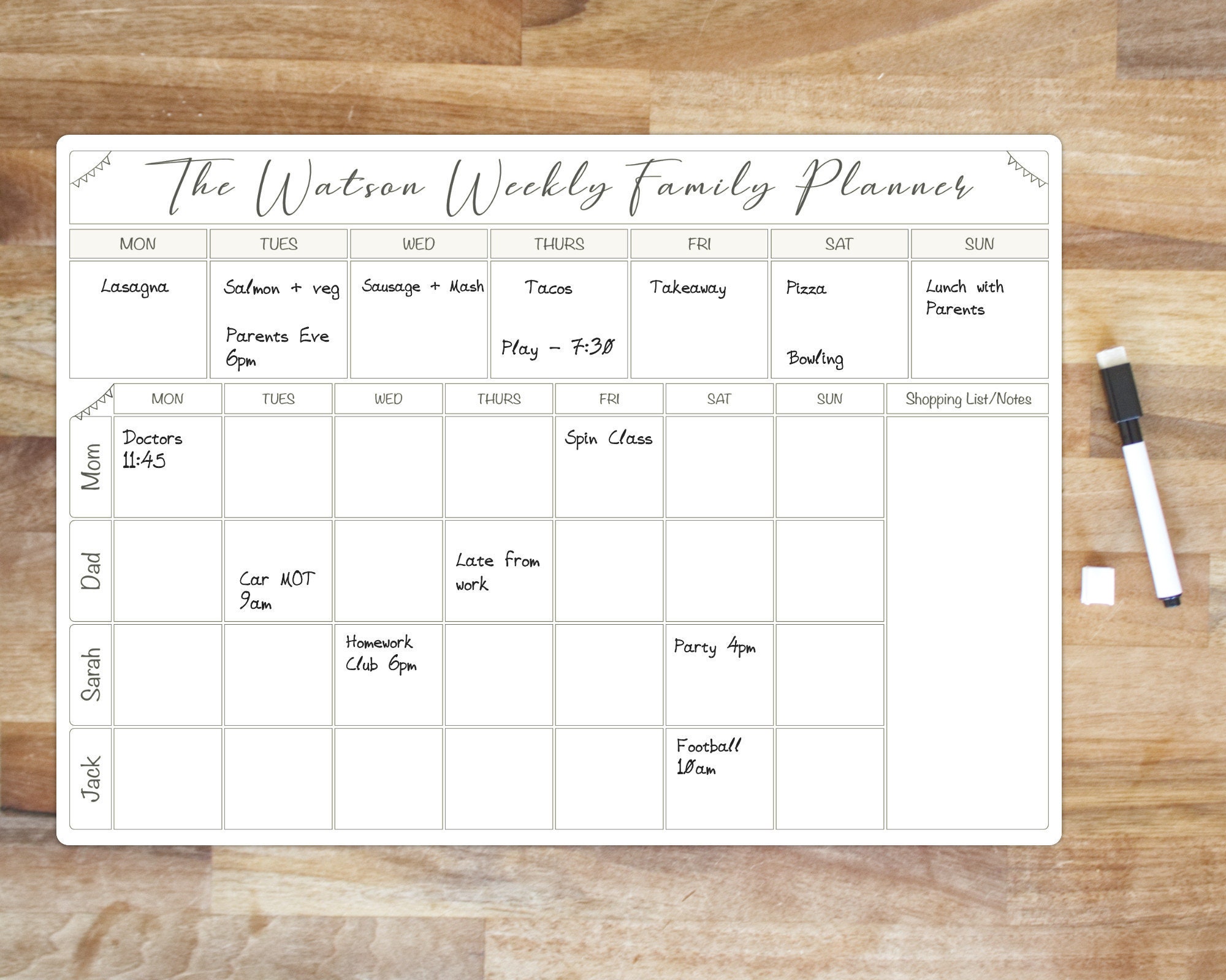 Weekly family planner whiteboard large a3 write and wipe etsy
