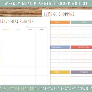 Wekelijks maaltijdmenu Planning en boodschappenlijstje. DIRECT DOWNLOADEN. 2 afdrukbare pdf&#39;s. Perfecte opbergset voor de keuken.