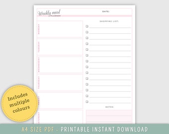 INSTANT DOWNLOAD Weekly Meal Planner Notepad | Desk Pad Menu Planner | Shopping List Notepad | A4 Dinner Planner Pad