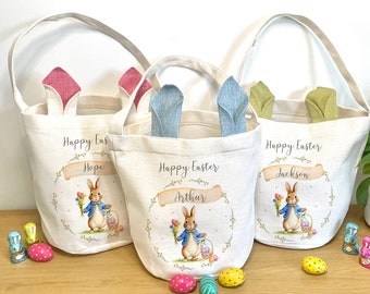 Bolsa de Pascua de recuerdo personalizada, cesta de Pascua, regalo de Pascua de lino rústico, decoración del conejito de Pascua