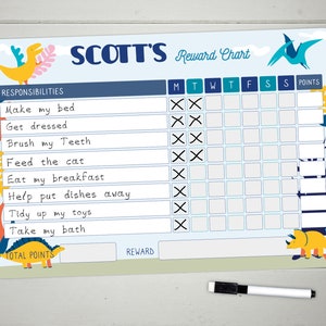 Kids Dinosaur Chore Chart - Children's Reward Chart - Responsibility Chart Dry Erase Board - Kids Job Whiteboard - Custom Behaviour Chart