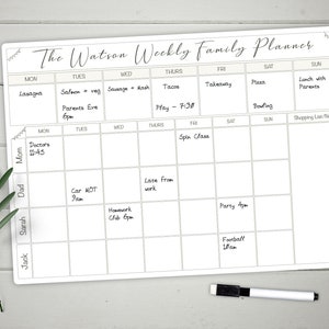 Weekly Family Planner Whiteboard - Large A3 Write and Wipe Clean Organiser - Personalised Dry Wipe Planner