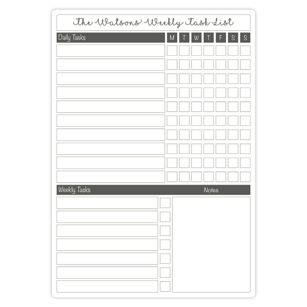 Personalised Family Dry Wipe Whiteboard Chore To Do List - A4 Wipeable Task Tracker - Daily Weekly Household Chores Organiser