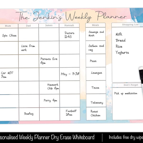 Whiteboard Family Weekly Planner A3 Dry Wipe Wall Organiser, Meal Planner, Personalised Dry Erase White Board Command Centre, Week Planning