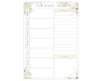 Floral Weekly Meal Planner Whiteboard: Family Menu, Shopping List, Notes (A4)