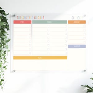May include: Clear acrylic chore chart with the text "THE SMITH'S CHORES". The chart has sections for daily, weekly, monthly, shopping, and notes. The sections are colour-coded in red, green, orange, and purple. The chart is mounted on a white wall.