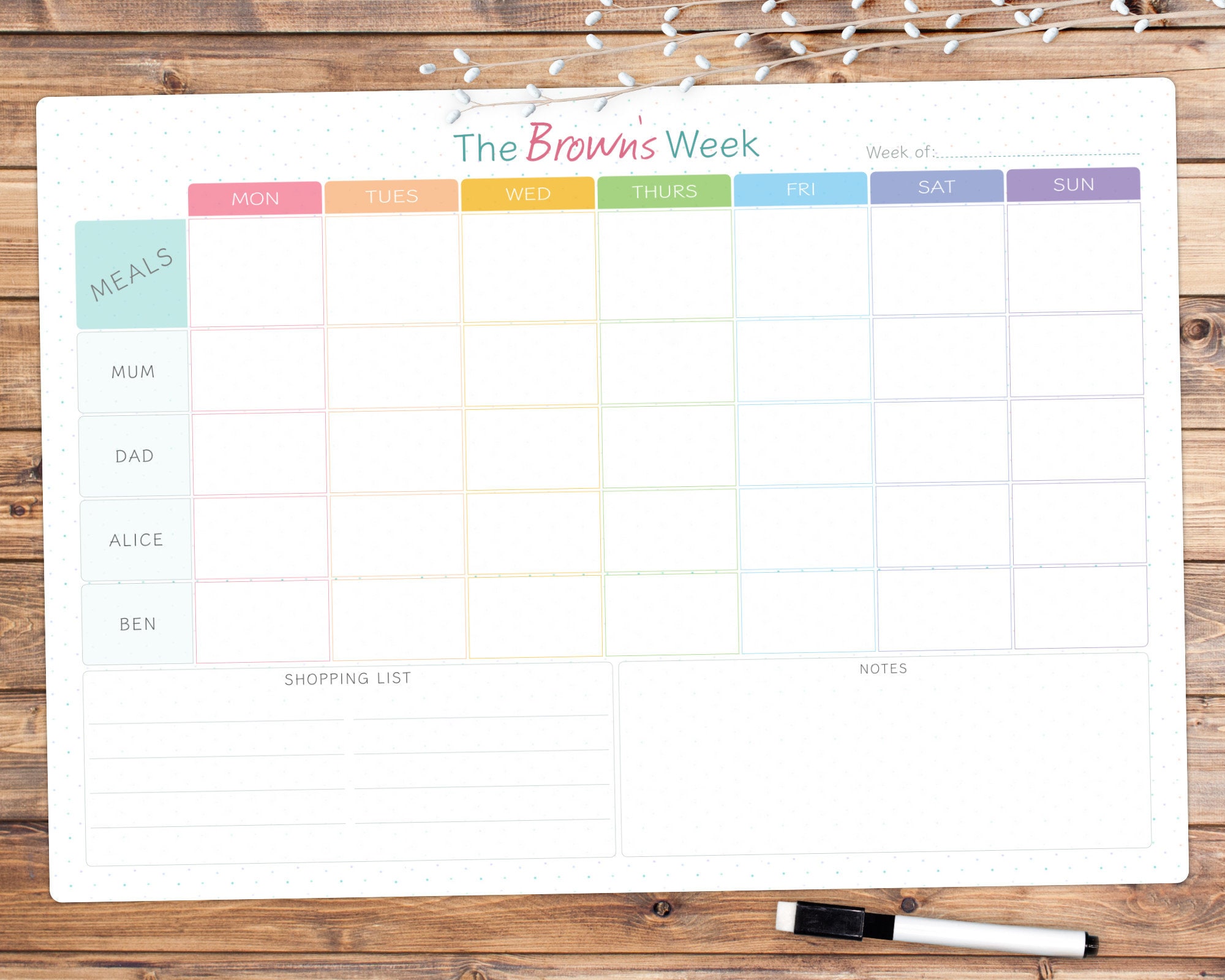 Personalised Dry Wipe Whiteboard Weekly Family Planner Board with meals section. 