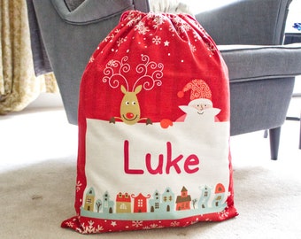 Sac de Noël personnalisé, grand sac de Père Noël, sac cadeau du Père Noël. Sacs rouges ou verts avec votre choix de personnalisation.