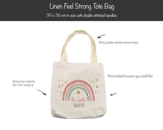 Linen Feel Personalised Teacher Tote Bag Rainbow Teacher Gift