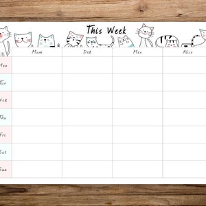 Personalised Cats Themed Dry Wipe Whiteboard Weekly Family Planner Board 