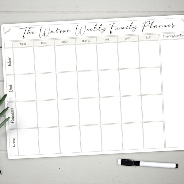 Weekly Family Planner Whiteboard - Large Personalised Write and Wipe Clean Wall Calendar - A3 Dry Erase Activities Food Kids Meal Planner