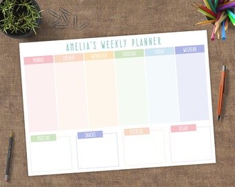 Personalised Rainbow Weekly Planner Notepad, Desk Pad Planner, A4 or A5 Tearable Pad, Children's Daily Day Organiser, Teenagers To Do List