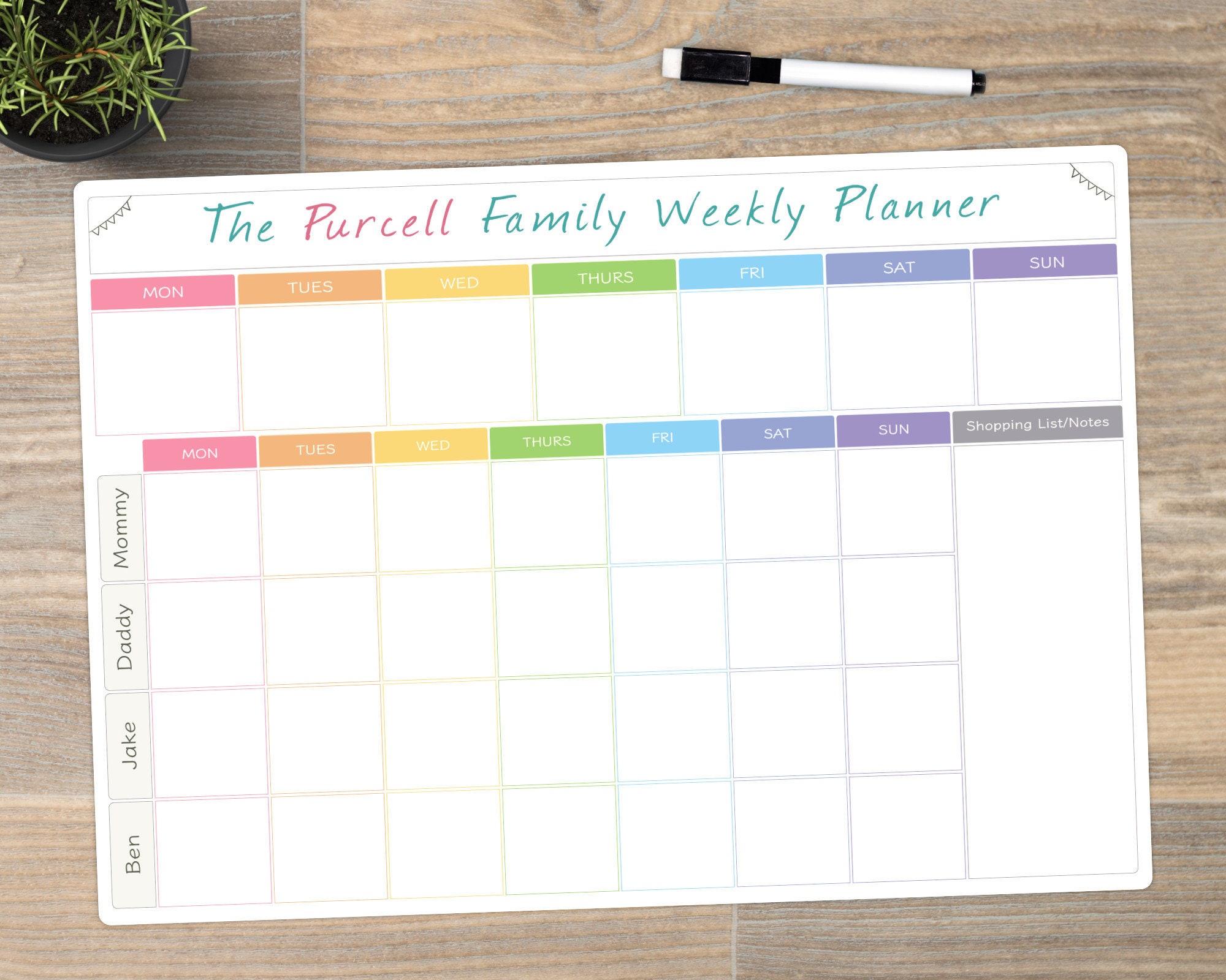 Personalised Large Dry Wipe Clean Whiteboard Weekly Family Meal 