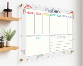 Personalized Kids Weekly Planner, Rainbow Whiteboard, Dry Erase To-Do List