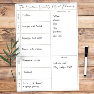 Personalised Weekly Family Menu Meal Planner A4 Whiteboard - Write and Wipe Clean Food Organiser - Dry Erase Shopping List Board