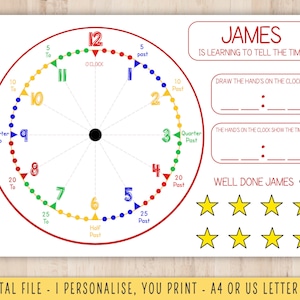 May include: A printable worksheet for learning to tell the time. A clock face with red, yellow, blue, and green markings is shown. The worksheet includes the name "JAMES" and instructions to draw the hands on the clock at a specific time. There are also five gold stars for rating progress.