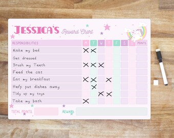 Kids Unicorn Chore Chart, Children's Reward Chart, Responsibility Chart Dry Erase Board, Kids Job Whiteboard, Kids Custom Behaviour Chart