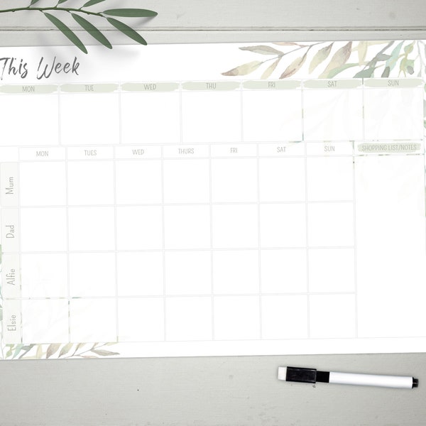 Personalised Weekly Planner Whiteboard, Large A3 Write and Wipe Clean Weekly Organiser, Meal, Family Shopping list, Notes, Dry Wipe Planner