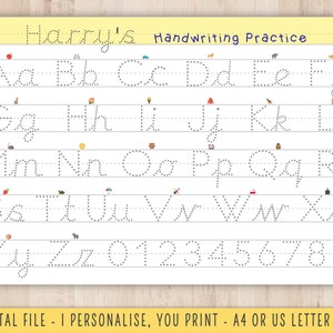 Descarga personalizada de la práctica de escritura a mano pre cursiva para niños, escritura a mano imprimible, alfabeto punteado, KS1, EYFS, enseñanza preescolar