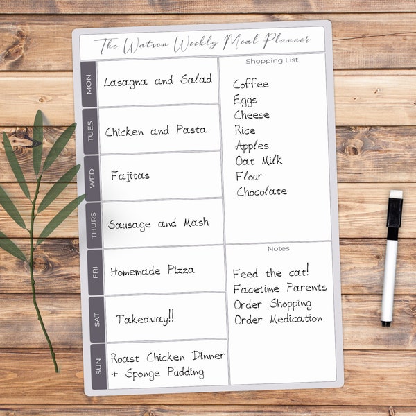 Personalised Weekly Family Menu Meal Planner - Dinner A4 Whiteboard - Write and Wipe Clean Food Organiser - Dry Erase Shopping List Board