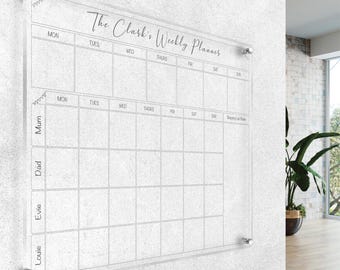Weekly Family Planner Acrylic Whiteboard, Large A3 or A2, Write and Wipe Clean Organiser, Personalised Dry Wipe Command Centre, Meal Planner