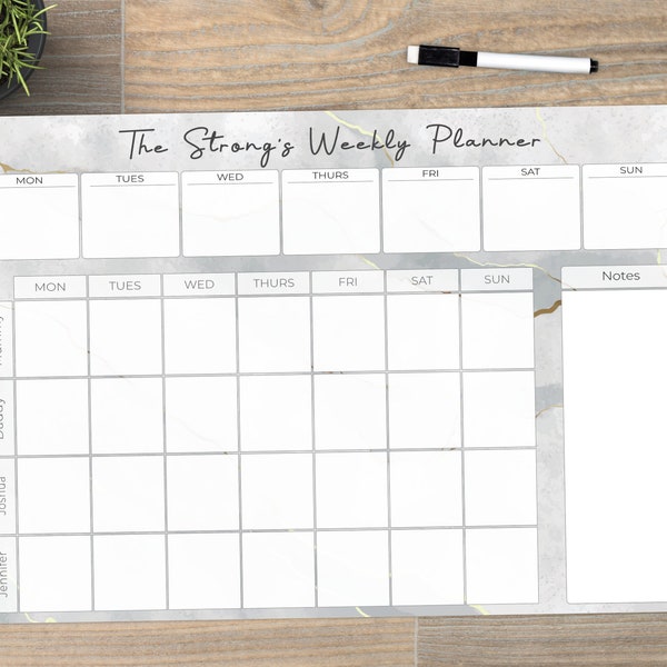 Weekly Family Planner Marble Effect Whiteboard - Large A3 Write and Wipe Clean Organiser - Personalised Dry Wipe Planner