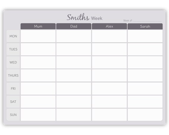 A3 Personalised dry wipe whiteboard weekly family organiser//planner.
