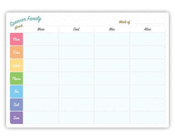 Whiteboard Family Planner, Personalised Weekly Family Organiser