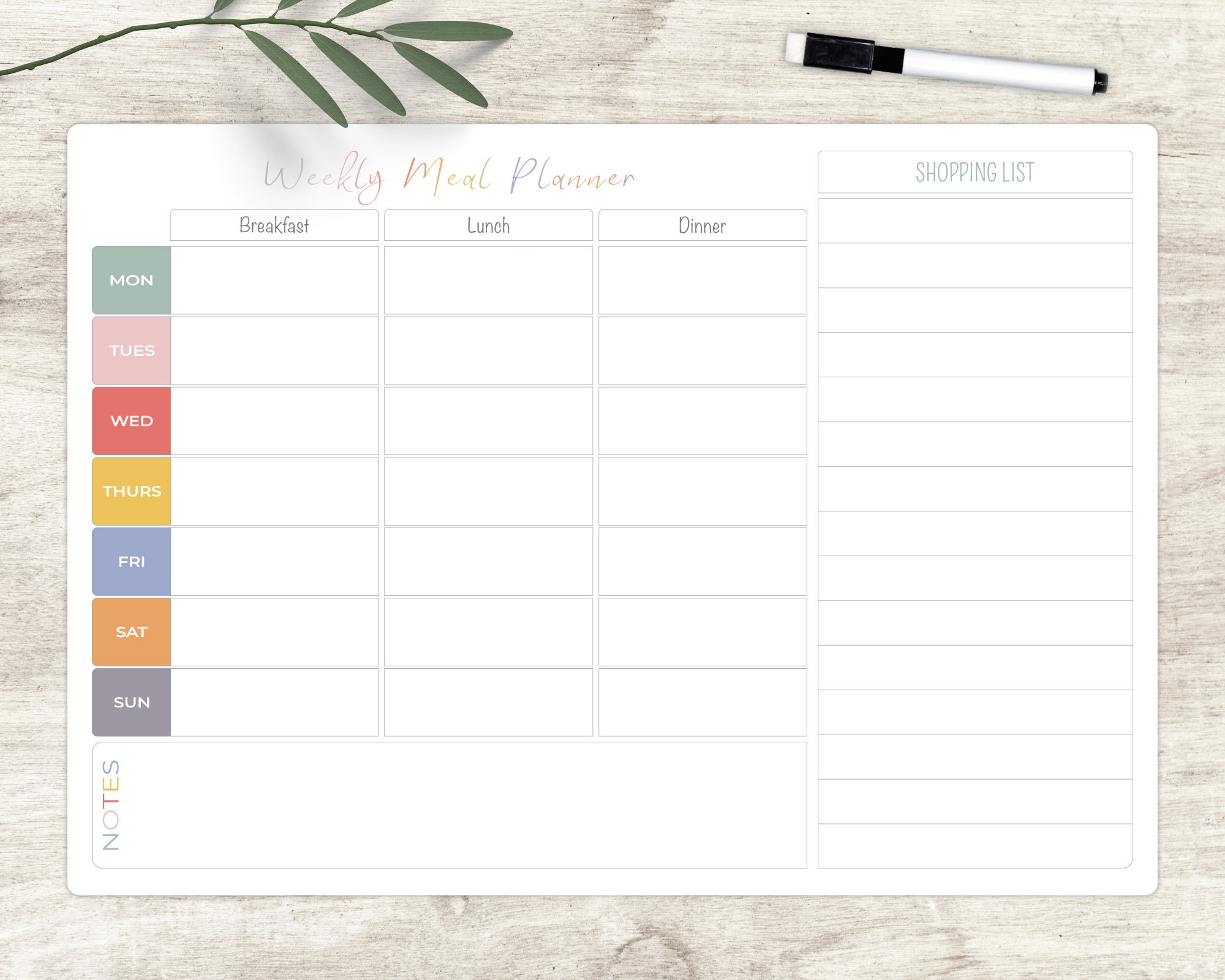 Reusable with Pen A4 Size Personalised Weekly Meal Planner Chart 