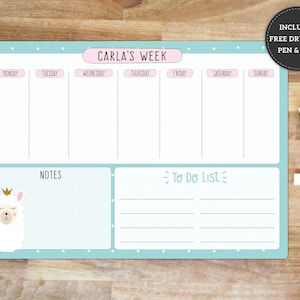 Personalised Children's Weekly Whiteboard Planner, Llama Planner. Kid's Reusable Dry Wipe Planner, To Do List