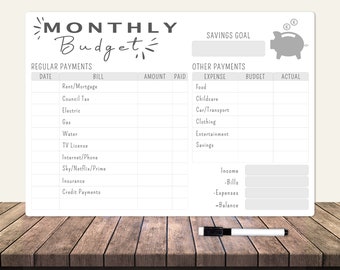 Monthly Family Budget Planner Whiteboard - Large A3 Write and Wipe Clean Finance Tracker - Personalised Dry Wipe Planner