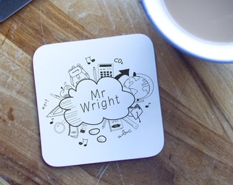 Personalised Teacher Gift Coaster. Perfect for men or women, drinks coaster gift. Matching products available.