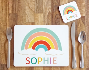 Personalised Placemat and Coaster Childrens Colourful Rainbow Set, Meal Placemat and Coaster Set, Kids gifts for Birthday / Christmas