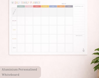 A3 Personalised dry wipe whiteboard weekly family organiser/planner. Meal, Shopping List and birthday sections included.