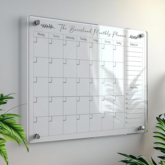Monthly Planner Whiteboard, Large A3 or A2 Personalised Wipe Clean Monthly Organiser, Dry Wipe Calendar, Weekly Shopping Meal Planner