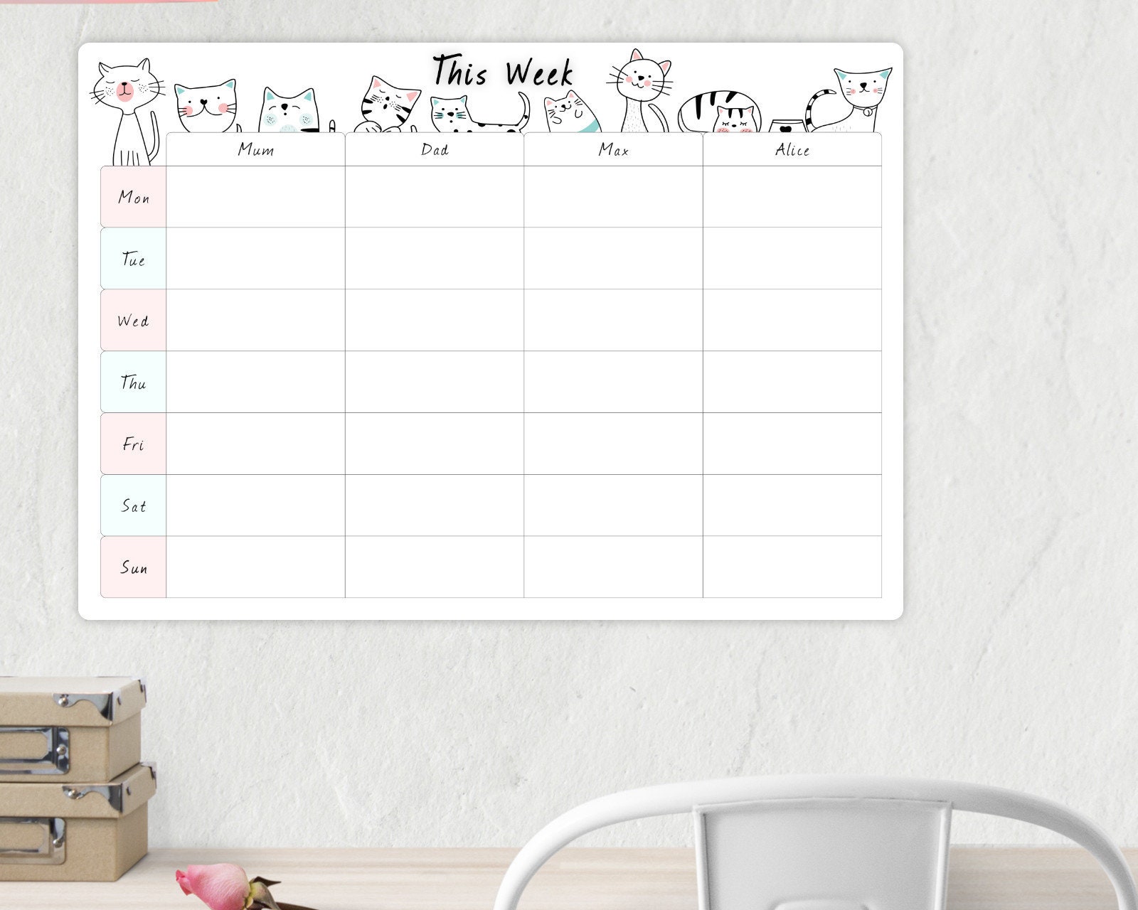 Personalised Cats Themed Dry Wipe Whiteboard Weekly Family Planner Board 