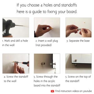 Pu&ograve; includere: Guida passo passo per l'installazione di una tavola con distanziatori. Le istruzioni includono la marcatura e la foratura di un foro, l'inserimento di un tassello, la separazione della base, l'avvitamento del distanziatore e il fissaggio della tavola. Testo: "Se scegli 4 fori e distanziatori, ecco una guida per fissare la tua tavola."