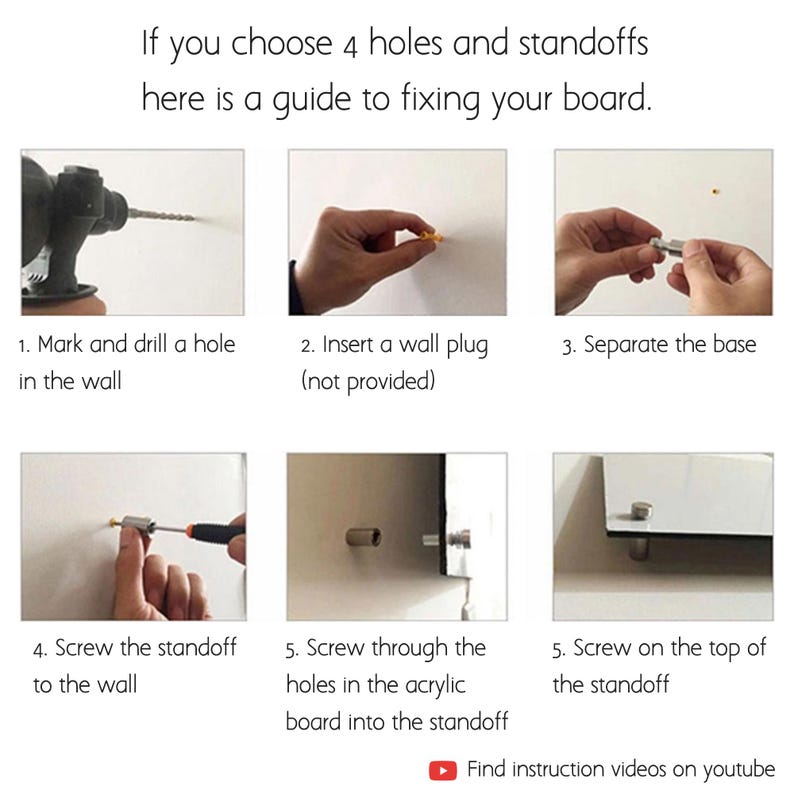 Pu&ograve; includere: Guida passo passo per l'installazione di una tavola con distanziatori. Le istruzioni includono la marcatura e la foratura di un foro, l'inserimento di un tassello, la separazione della base, l'avvitamento del distanziatore e il fissaggio della tavola. Testo: "Se scegli 4 fori e distanziatori, ecco una guida per fissare la tua tavola."